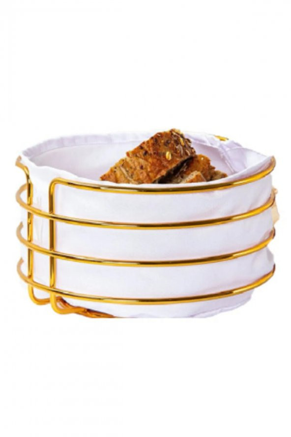 Altın Rengi Metal Şeritli Kumaş Yuvarlak Ekmeklik Beyaz