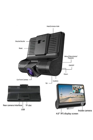 3 Kameralı Araç İçi Full HD Trafik Recorder Güvenlik Kayıt Kamerası - 4