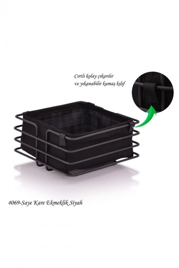 Metal Ekmeklik Siyah Şeritli Siyah Kumaş Kare Ekmek Sepeti - 2