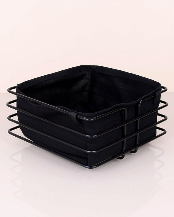 Metal Ekmeklik Siyah Şeritli Siyah Kumaş Kare Ekmek Sepeti - 3