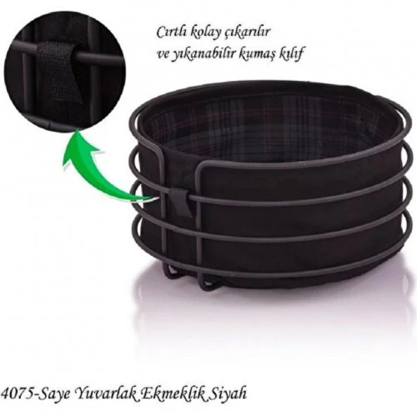 Metal Ekmeklik Siyah Şeritli Siyah Kumaş Yuvarlak Ekmek Sepeti - 3