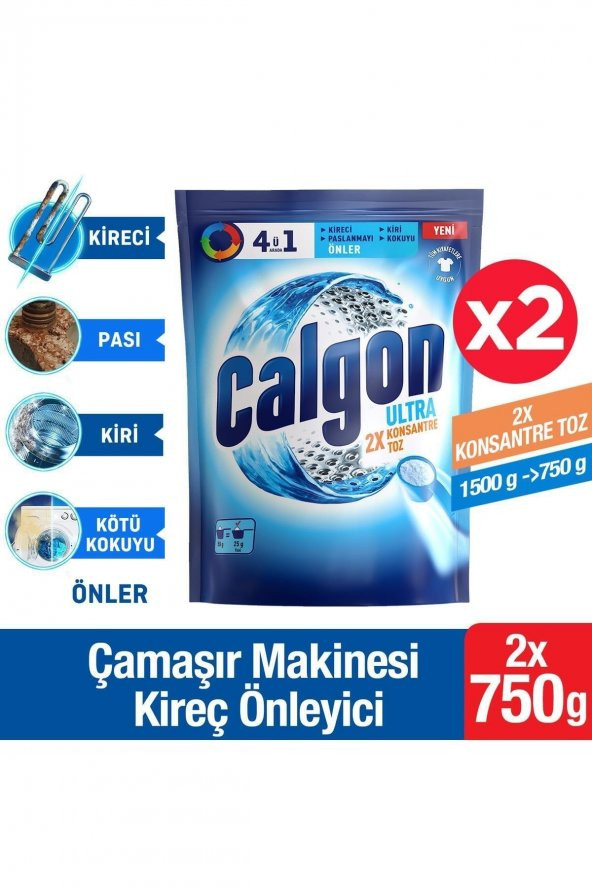 Calgon Power Kir, Pas, Kireç ve Koku Önleyici 4ü 1 Arada Ultra Konsantre Toz 750 g x 2