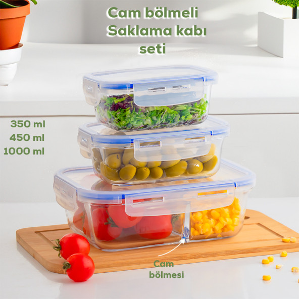 Porsima Kilitli Kapaklı 3 lü Çok Amaçlı Gıda Erzak Kahvaltılık Cam Saklama Kabı Seti 350-450-1000 ml