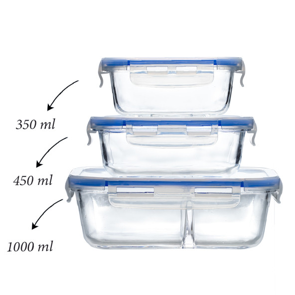 Porsima Kilitli Kapaklı 3 lü Çok Amaçlı Gıda Erzak Kahvaltılık Cam Saklama Kabı Seti 350-450-1000 ml - 2