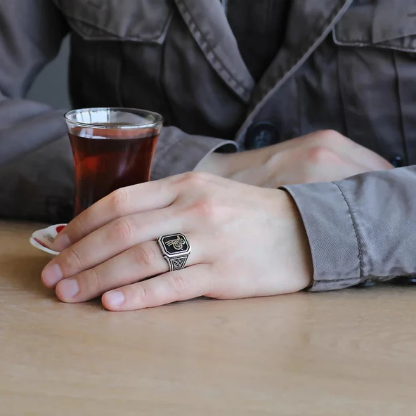 925 Ayar Gümüş Osmanlı Tuğralı Erkek Yüzük - Resim 5