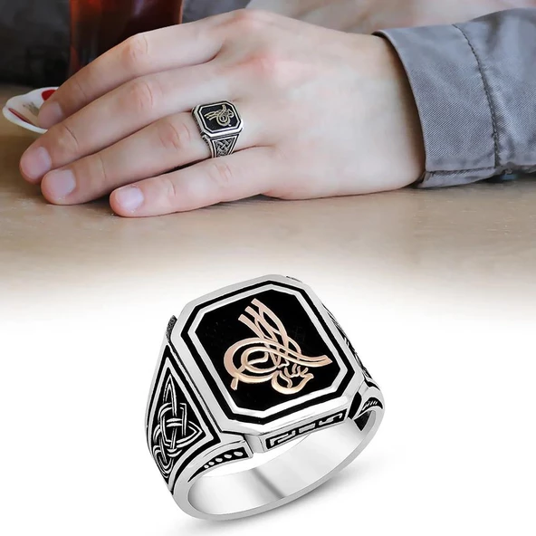 925 Ayar Gümüş Osmanlı Tuğralı Erkek Yüzük - Resim 3