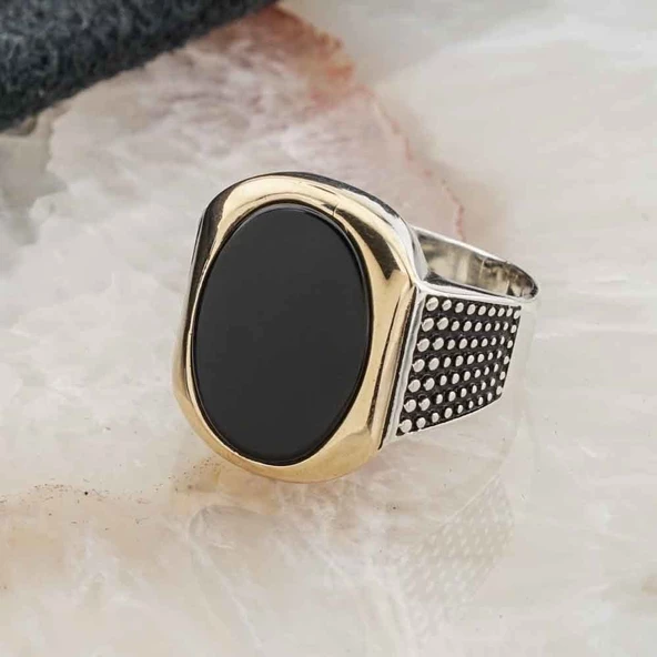 Siyah Oniks Taşlı Taşlı Gümüş  Erkek Yüzük - Resim 3