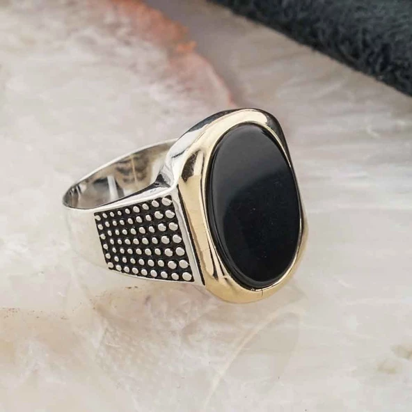 Siyah Oniks Taşlı Taşlı Gümüş  Erkek Yüzük - Resim 2