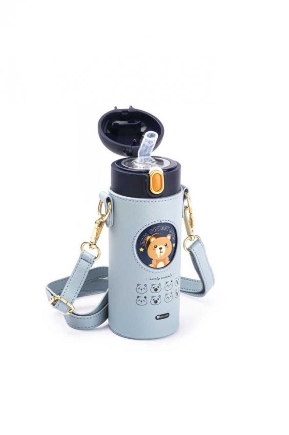 OKADI MAVİ AYI DESENLİ PASLANMAZ ÇELİK PİPETLİ ÇOCUK TERMOSU 350ML - 2