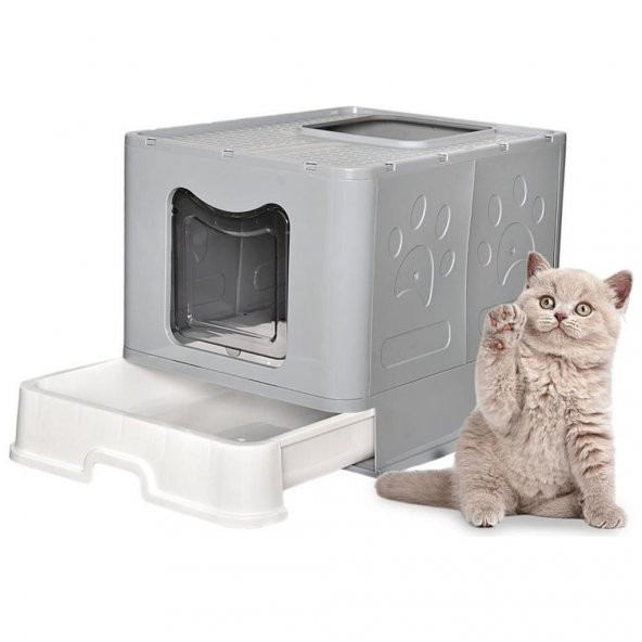 CexCat Lüx Katlanabilir Çekmeceli Dışarı Kum Çıkmayan Kapalı Kedi Tuvaleti Gri 50-40-38cm