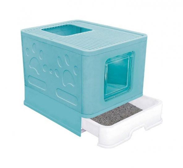 CexCat Lüx Katlanabilir Çekmeceli Dışarı Kum Çıkmayan Kapalı Kedi Tuvaleti Mavi 50-40-38cm