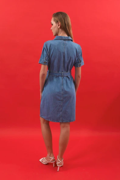 Kadın Kemerli Kısa Kollu Jean Elbise - 7