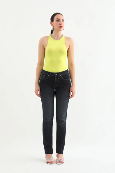 Kadın Likralı Straight Jean Pantolon Lacivert - 5