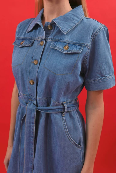 Kadın Kemerli Kısa Kollu Jean Elbise - 9