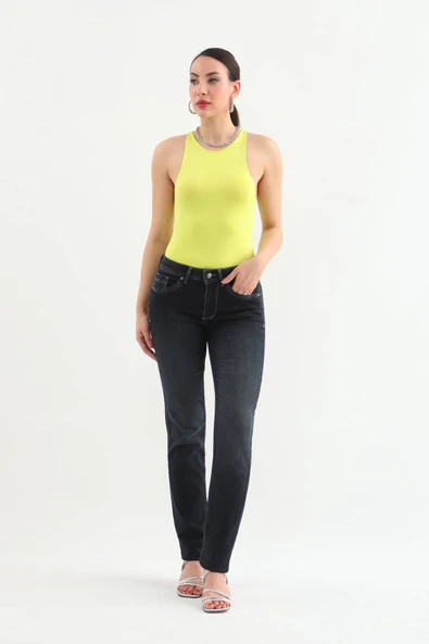 Kadın Likralı Straight Jean Pantolon Lacivert - 2