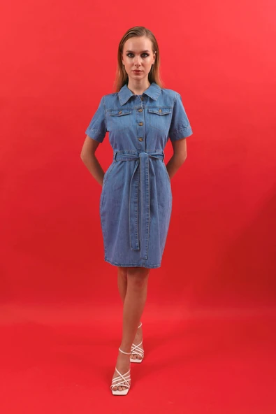 Kadın Kemerli Kısa Kollu Jean Elbise - 3