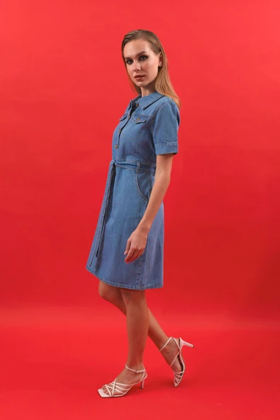 Kadın Kemerli Kısa Kollu Jean Elbise - 6