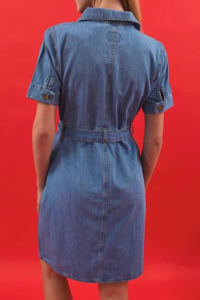 Kadın Kemerli Kısa Kollu Jean Elbise - 8