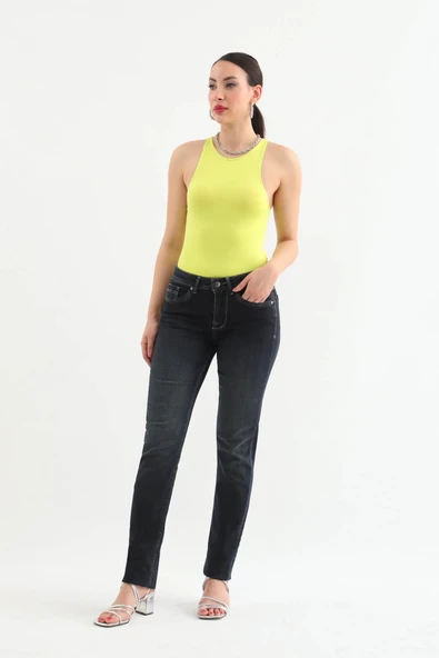 Kadın Likralı Straight Jean Pantolon Lacivert - 2