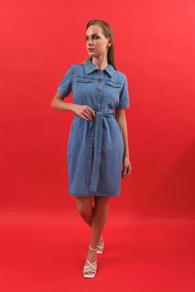 Kadın Kemerli Kısa Kollu Jean Elbise - 4