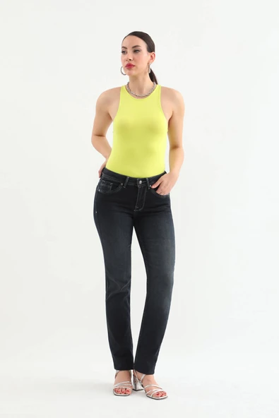 Kadın Likralı Straight Jean Pantolon Lacivert - 4
