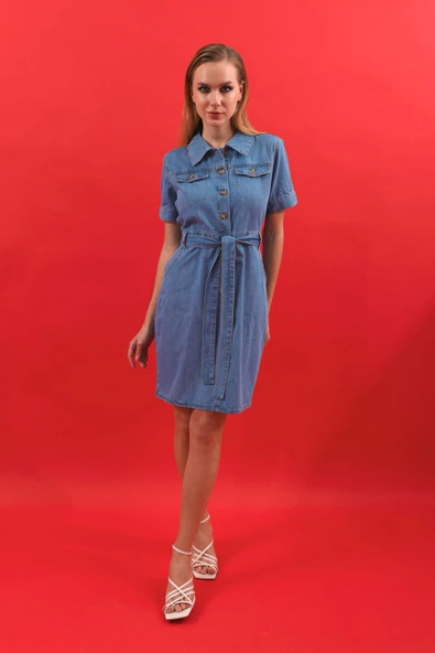 Kadın Kemerli Kısa Kollu Jean Elbise - 5