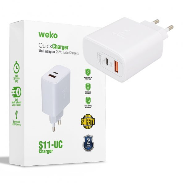 WEKO WK-21446 Mİ10-UC 25 WATT 3.0 AMPER TYPE-C + USB ŞARJ BAŞLIK ADAPTÖRÜ