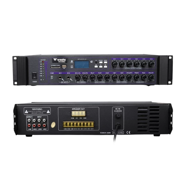 WESTA WM-2250U 250 WATT 100 VOLT USB/MP3/BLUETOOTH 6 BÖLGELİ TRAFOLU MIXER ANFİ - 2