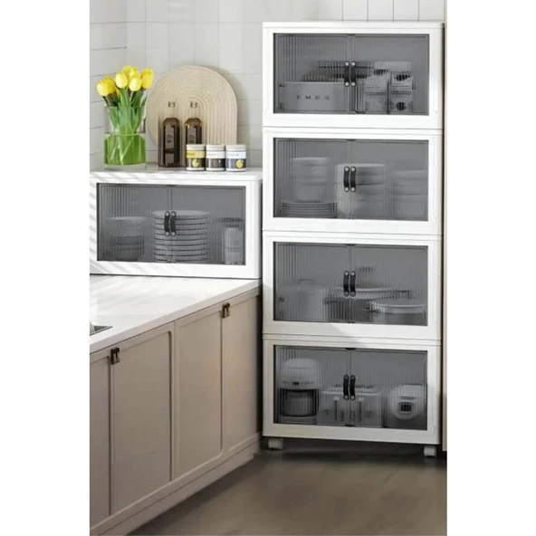 Piev Emayhome Çok Amaçlı Kapaklı Portatif İstiflenebilir Tekerlekli Organizer Dolap 4 Lü Cappuccino - Resim 6