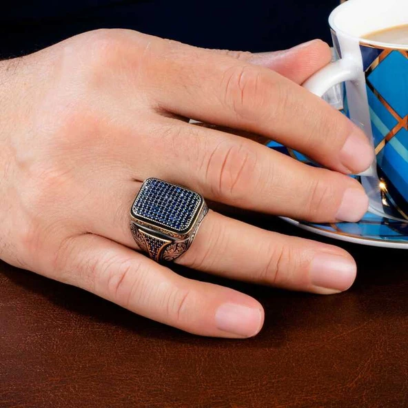 Gümüş Lacivert Zirkon Taşlı Kare Erkek Yüzük  SL4482 - Resim 4