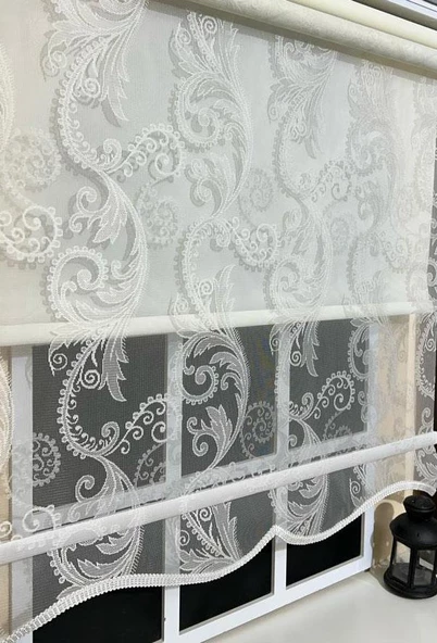 Çift Mekanizmalı Kirli Beyaz Tül Perde ve Ekru Stor Perde STB-105  Beyaz 100 x 200