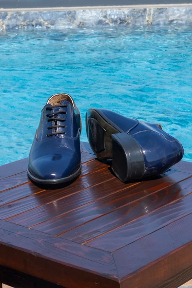 El Yapımı Hakiki Deri Lacivert Rugan +7 Cm Boy Uzatan Gizli Topuk Klasik Ayakkabı Damatlık Kundura - 3