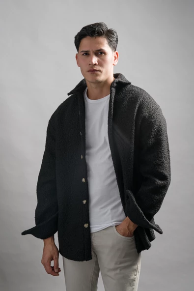 Oversize Düğme Kapamalı Kışlık Erkek Peluş Gömlek - Resim 11