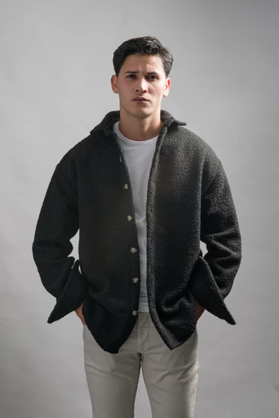 Oversize Düğme Kapamalı Kışlık Erkek Peluş Gömlek - Resim 9