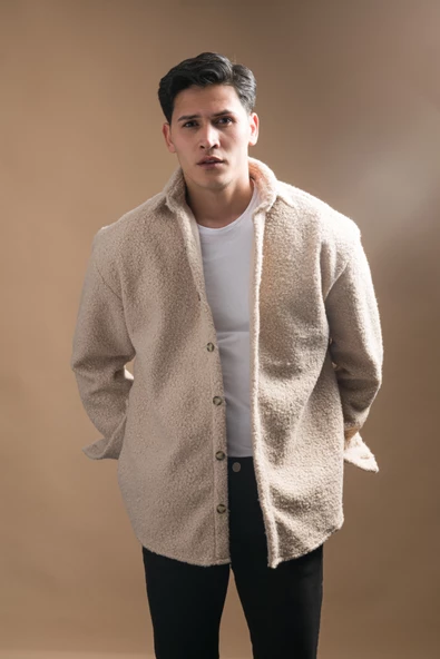 Oversize Düğme Kapamalı Kışlık Erkek Peluş Gömlek - Resim 3