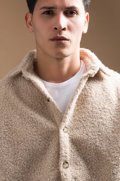 Oversize Düğme Kapamalı Kışlık Erkek Peluş Gömlek - Resim 6