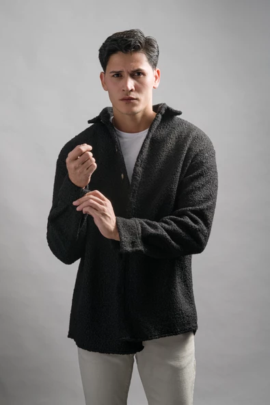 Oversize Düğme Kapamalı Kışlık Erkek Peluş Gömlek - Resim 7