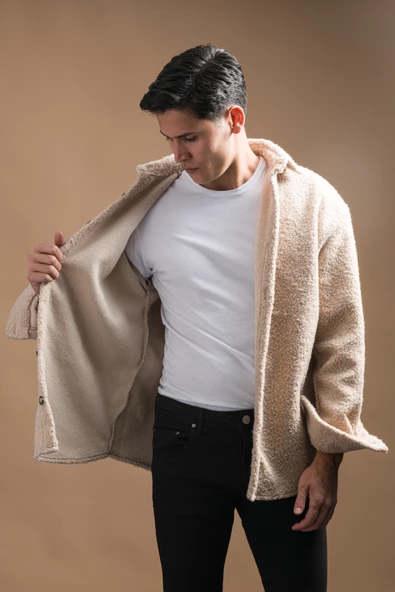 Oversize Düğme Kapamalı Kışlık Erkek Peluş Gömlek - Resim 4