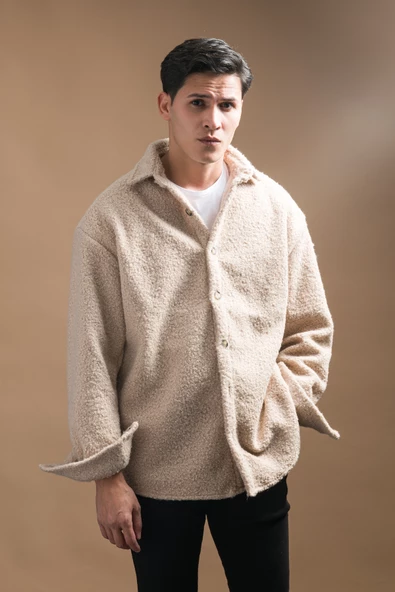 Oversize Düğme Kapamalı Kışlık Erkek Peluş Gömlek - Resim 2