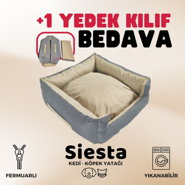 XPERMATE Siesta Kedi Yatağı ve  Köpek Yatağı  Tüy Tutmaz Kumaş,Su İtici Kumaş Yedek Kılıflı Fermuarlı 55x60x23 Antrasit Bej