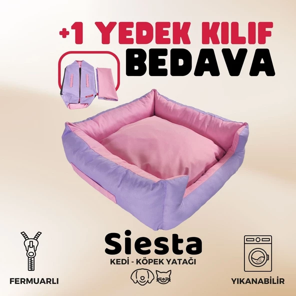 XPERMATE Siesta Kedi Yatağı ve Köpek Yatağı Tüy Tutmaz Kumaş,Su İtici Kumaş Fermuarlı Yedek kılıflı55x60x23 Lila Pembe