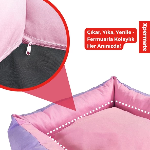 XPERMATE Siesta Kedi Yatağı ve Köpek Yatağı Tüy Tutmaz Kumaş,Su İtici Kumaş Fermuarlı 55x60x23 Lila Pembe