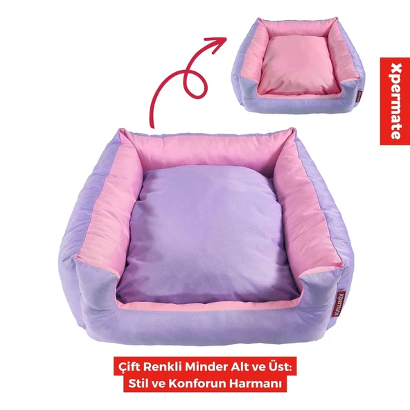 XPERMATE Siesta Kedi Yatağı ve Köpek Yatağı Tüy Tutmaz Kumaş,Su İtici Kumaş Fermuarlı 55x60x23 Lila Pembe - 3