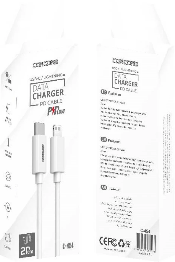 Concord C453 20 Cm 3A PD 18W USB-C -Lightning PD  Powerbank Kablo - 2