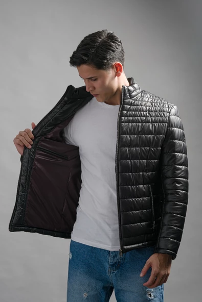 Slimfit Dik Yaka Yan Cepli Astarlı Fermuar Kapamalı Kapitone Erkek Mont - 9