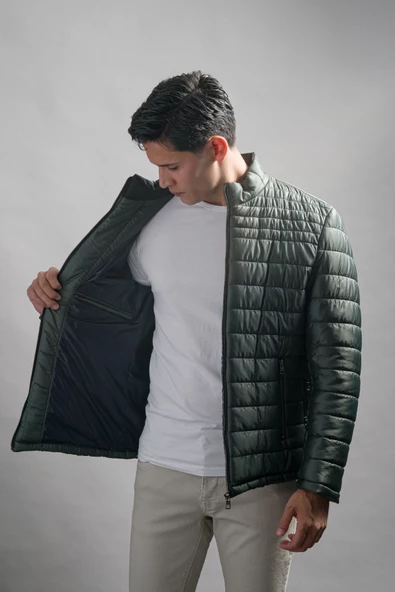 Slimfit Dik Yaka Yan Cepli Astarlı Fermuar Kapamalı Kapitone Erkek Mont - 4