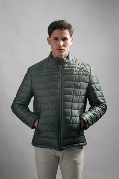 Slimfit Dik Yaka Yan Cepli Astarlı Fermuar Kapamalı Kapitone Erkek Mont - 2