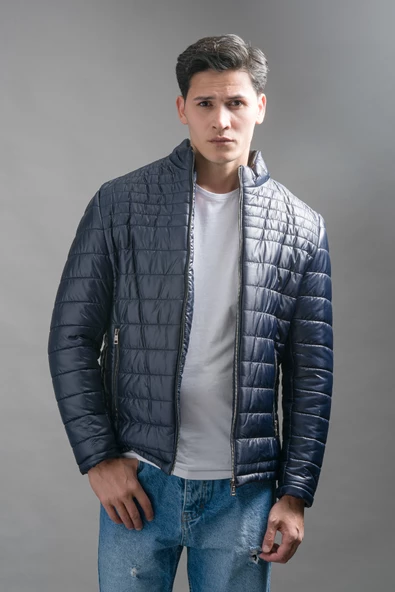 Slimfit Dik Yaka Yan Cepli Astarlı Fermuar Kapamalı Kapitone Erkek Mont - 12