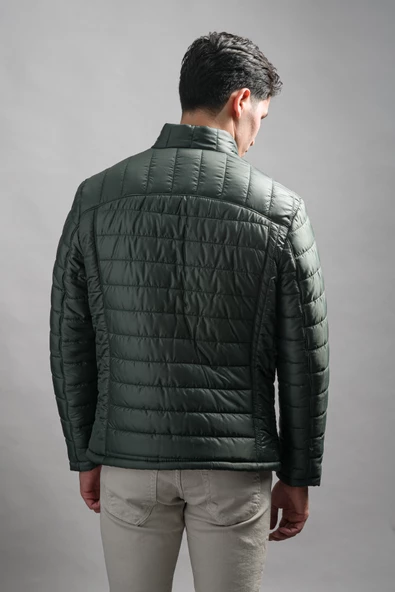 Slimfit Dik Yaka Yan Cepli Astarlı Fermuar Kapamalı Kapitone Erkek Mont - 3