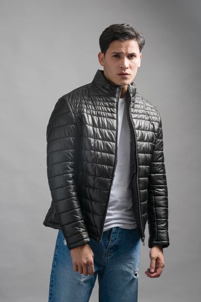 Slimfit Dik Yaka Yan Cepli Astarlı Fermuar Kapamalı Kapitone Erkek Mont - 6